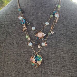 Betsey Johnson Woven Mixed Multi Strands Colored Bead Flower Heart Necklace